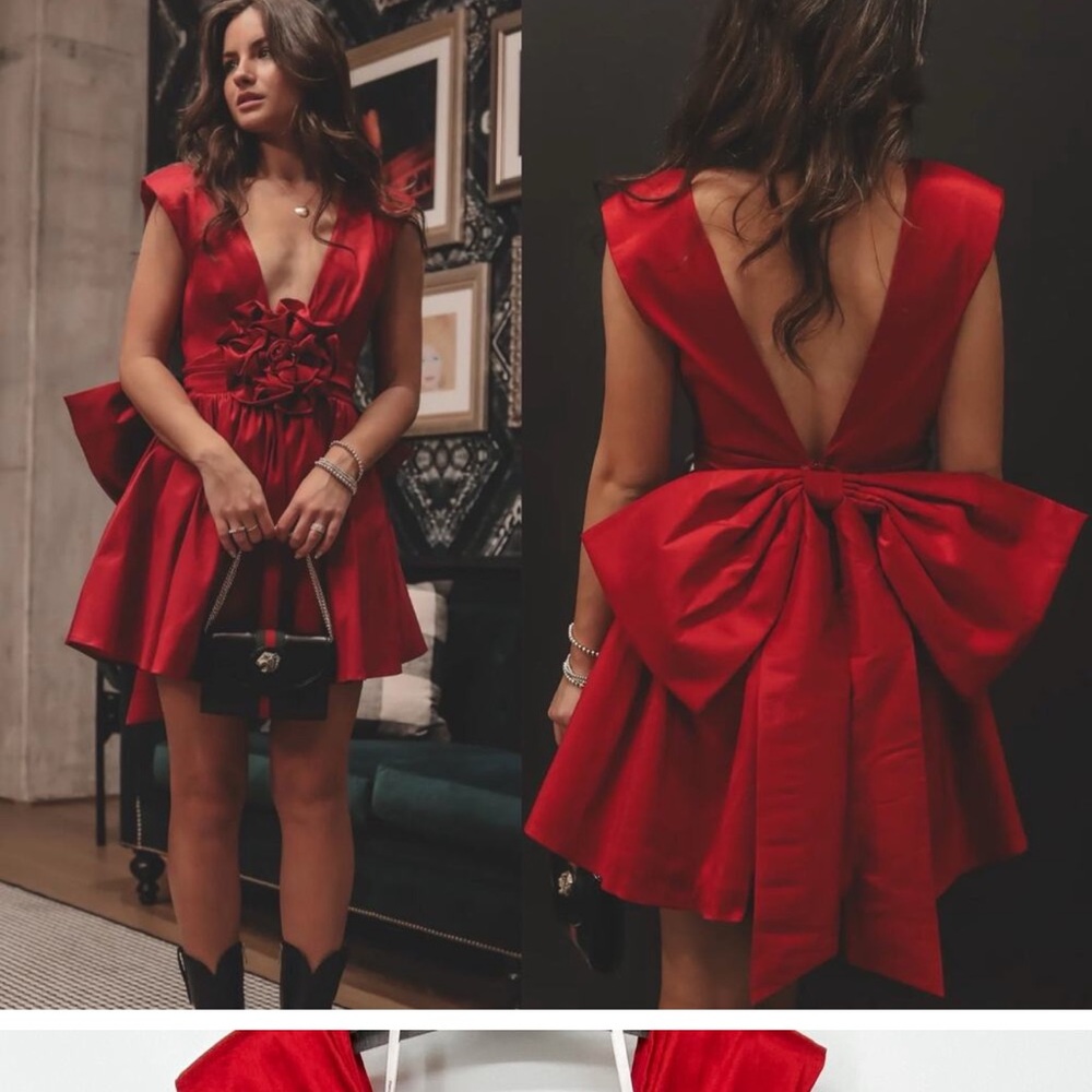 For Love and Lemons Dress Mini Red Taffeta Deep V Formal Rose M